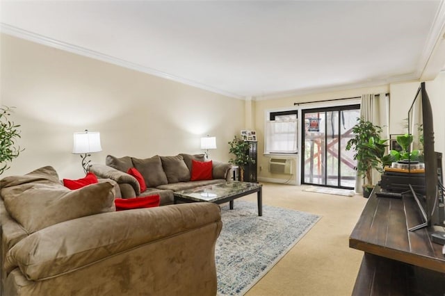 living room with crown molding and light carpet