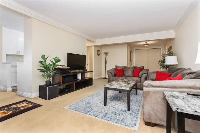 living room with crown molding and light colored carpet