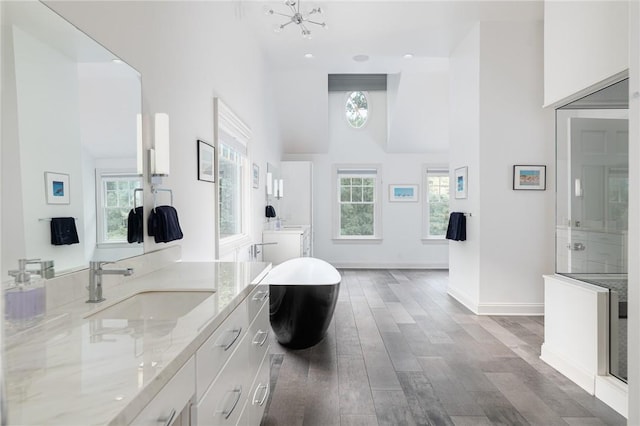 bathroom featuring hardwood / wood-style flooring, vanity, a towering ceiling, and a wealth of natural light