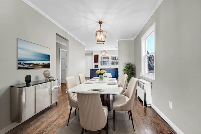 dining room featuring dark hardwood / wood-style floors, crown molding, radiator, and a chandelier