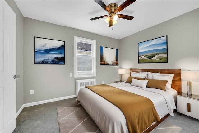 bedroom with ceiling fan and carpet floors