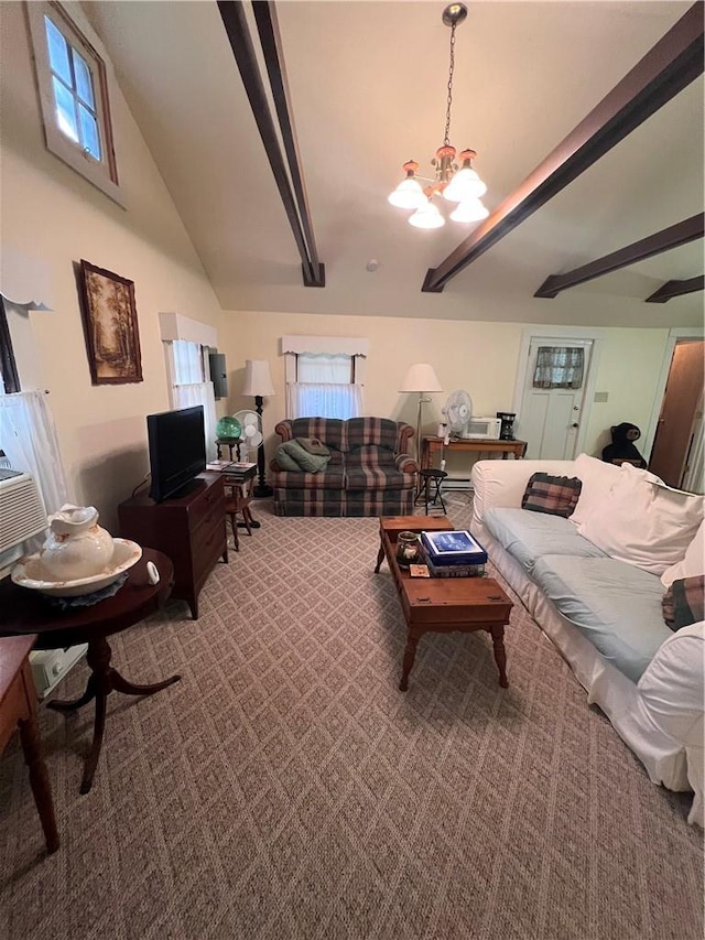 carpeted living room with a notable chandelier