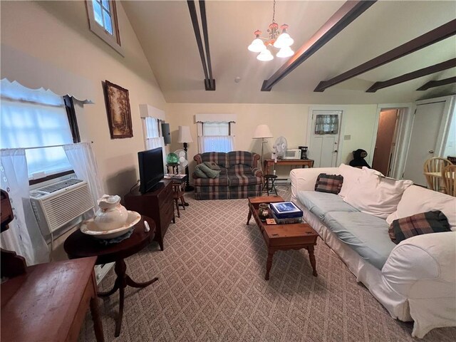 living room with carpet flooring, cooling unit, vaulted ceiling, and an inviting chandelier