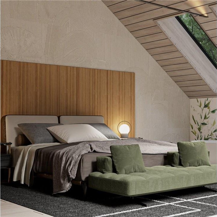 bedroom with wood walls, wood-type flooring, and lofted ceiling with skylight