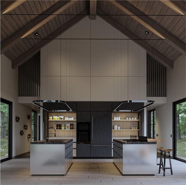 kitchen with wood ceiling, beam ceiling, high vaulted ceiling, light hardwood / wood-style floors, and an island with sink