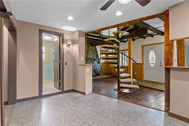 entryway featuring dark hardwood / wood-style floors and ceiling fan