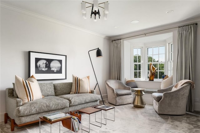 living area with a notable chandelier and ornamental molding