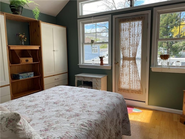 bedroom with multiple windows, hardwood / wood-style floors, and lofted ceiling