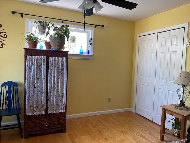 living area with ceiling fan and light hardwood / wood-style floors