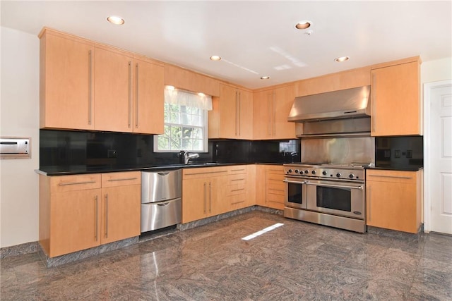 kitchen featuring light brown cabinets, exhaust hood, sink, decorative backsplash, and stainless steel appliances