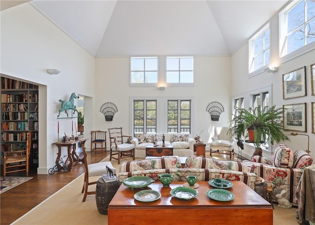 28 Heron Lake Rd, Bedford, NY 10506 - living room featuring wood-type flooring and high vaulted ceiling