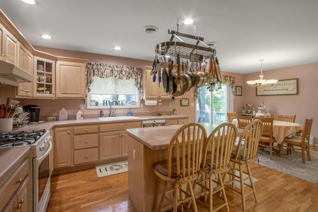 kitchen featuring white gas range, under cabinet range hood, plenty of natural light, a sink, and recessed lighting