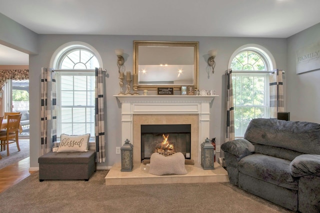 living area with a tile fireplace and carpet floors