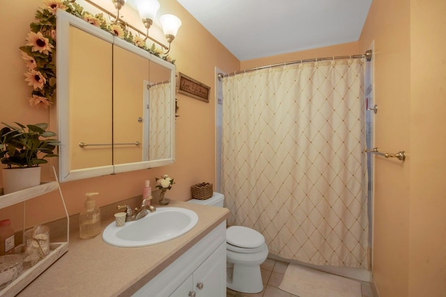 full bath with vanity, toilet, a shower with curtain, and tile patterned floors