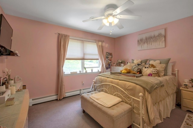 carpeted bedroom with ceiling fan and a baseboard radiator