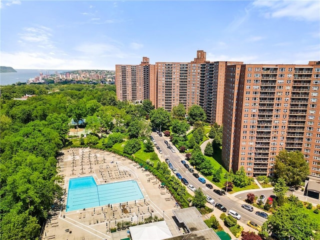 birds eye view of property featuring a water view