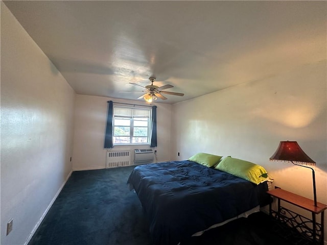 carpeted bedroom with radiator heating unit and ceiling fan