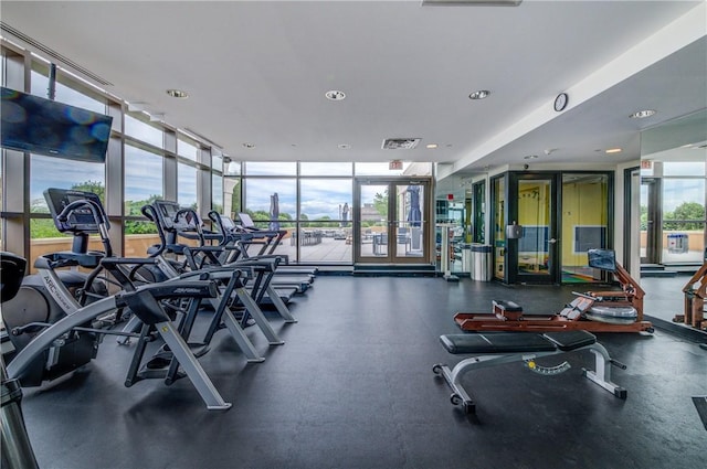 exercise room with french doors and floor to ceiling windows