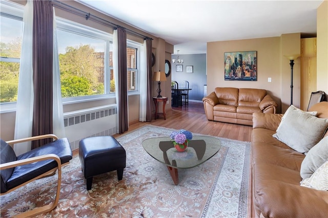 living room featuring radiator heating unit, hardwood / wood-style flooring, and an inviting chandelier