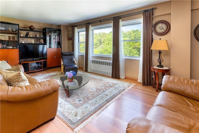 living room with radiator heating unit and wood-type flooring