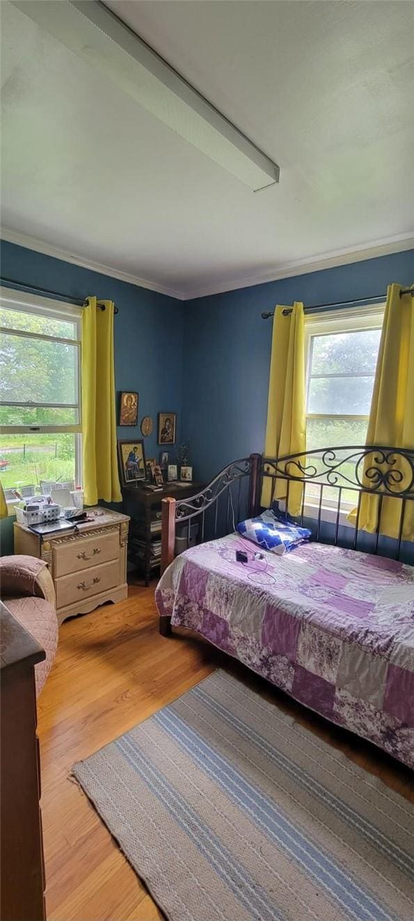 bedroom with crown molding and light hardwood / wood-style floors