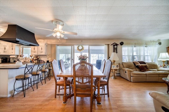 dining space with ceiling fan, light hardwood / wood-style flooring, and sink