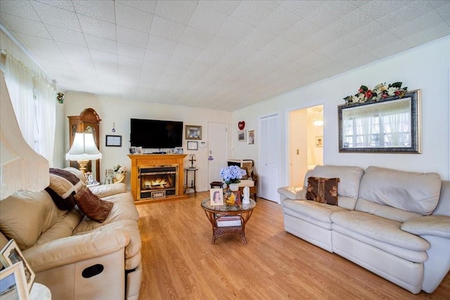 307 Beaver Lake Rd, Livingston Manor, NY 12758 - living area with light wood finished floors, ornamental molding, and a warm lit fireplace