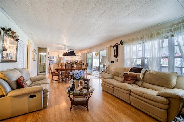 307 Beaver Lake Rd, Livingston Manor, NY 12758 - living room with wood finished floors, plenty of natural light, ceiling fan, and ornamental molding