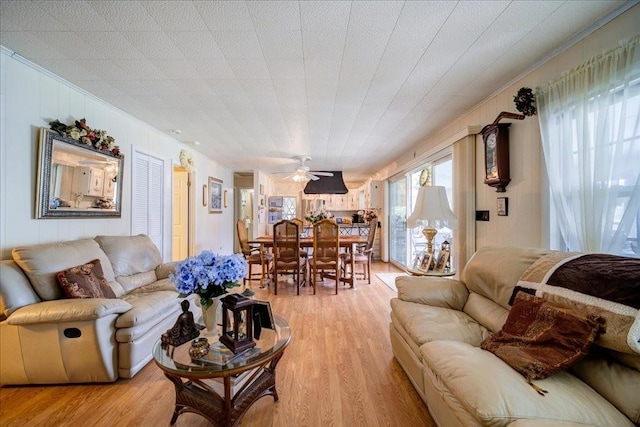 307 Beaver Lake Rd, Livingston Manor, NY 12758 - living area with crown molding, light wood-style flooring, and ceiling fan