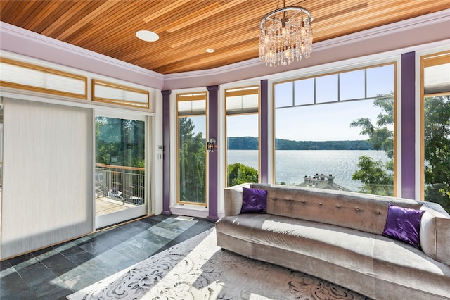33 Livingston Ave, Dobbs Ferry, NY 10522 - sunroom with a water view, ornamental molding, wooden ceiling, and a chandelier