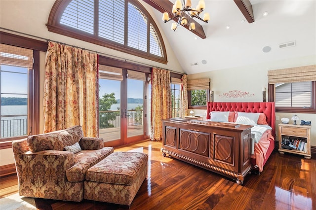 33 Livingston Ave, Dobbs Ferry, NY 10522 - bedroom featuring access to exterior, hardwood / wood-style flooring, a chandelier, high vaulted ceiling, and a water view