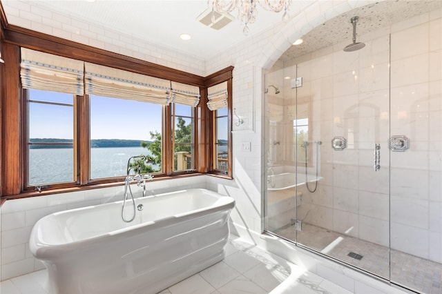33 Livingston Ave, Dobbs Ferry, NY 10522 - full bathroom with a freestanding bath, a shower stall, a water view, and a chandelier