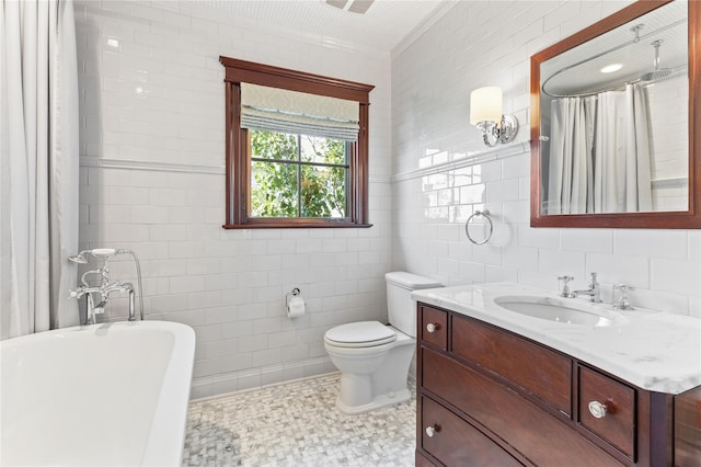 33 Livingston Ave, Dobbs Ferry, NY 10522 - full bath featuring tile walls, vanity, a freestanding bath, a shower with curtain, and toilet