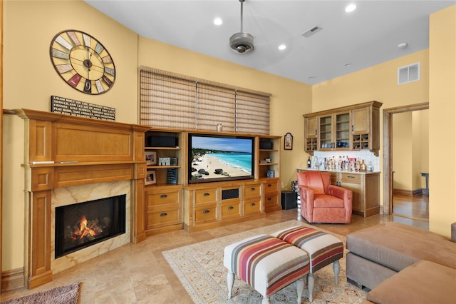 33 Livingston Ave, Dobbs Ferry, NY 10522 - living area featuring a fireplace, a bar, and recessed lighting