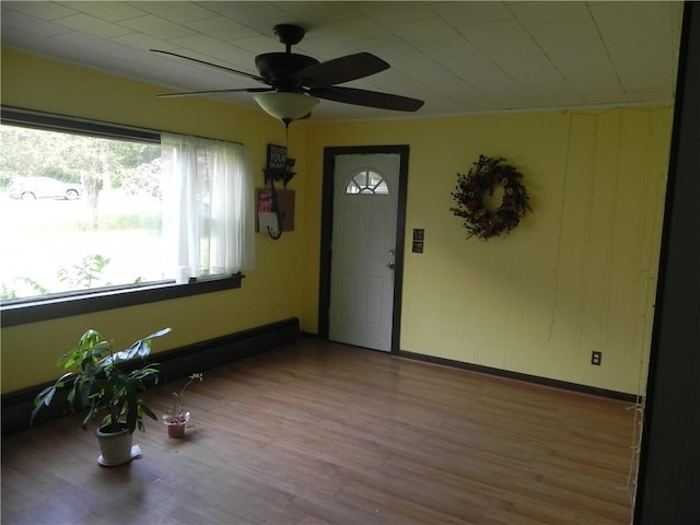 entryway with ceiling fan and light hardwood / wood-style flooring