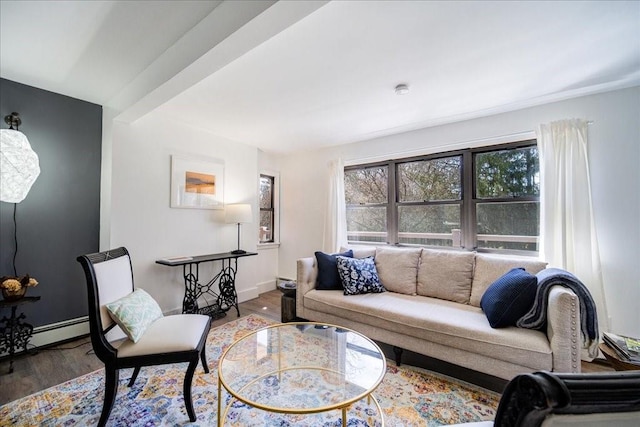 living room featuring beamed ceiling and hardwood / wood-style flooring