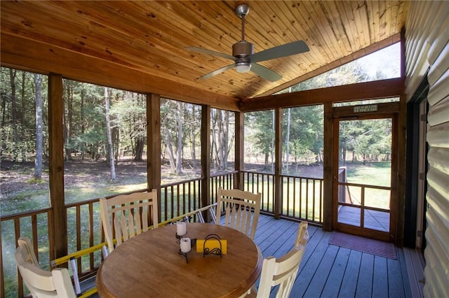 sunroom / solarium with ceiling fan, wooden ceiling, and lofted ceiling