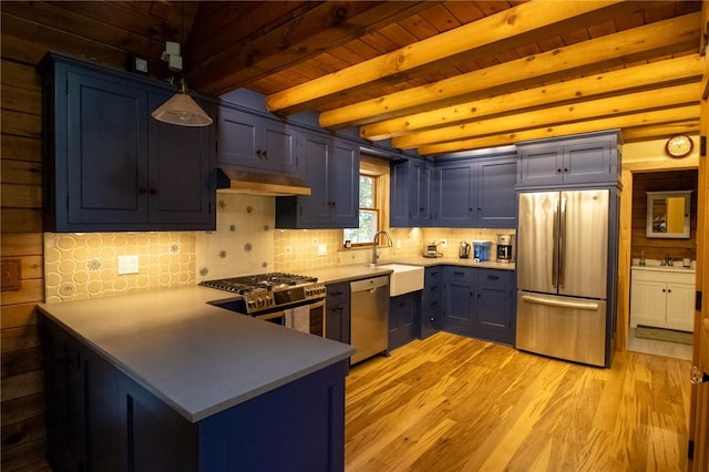 kitchen with sink, appliances with stainless steel finishes, decorative light fixtures, light hardwood / wood-style floors, and kitchen peninsula