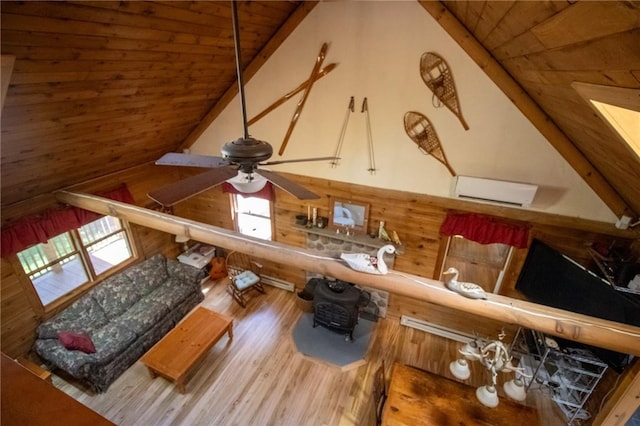 room details with hardwood / wood-style floors, wooden ceiling, wooden walls, and a wood stove