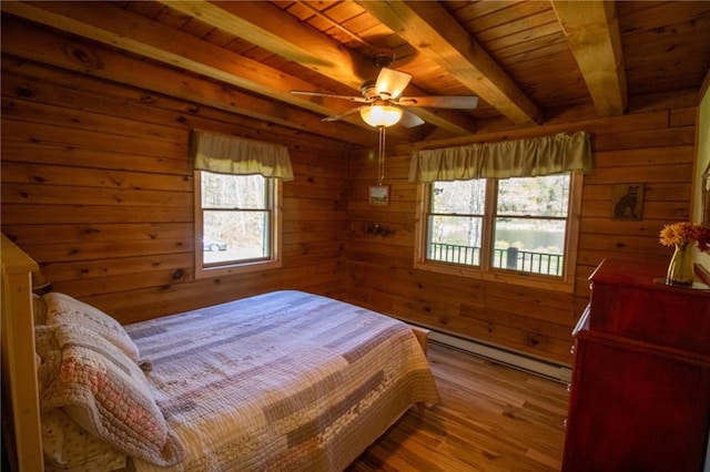 bedroom featuring baseboard heating, wooden walls, beam ceiling, and light wood-type flooring