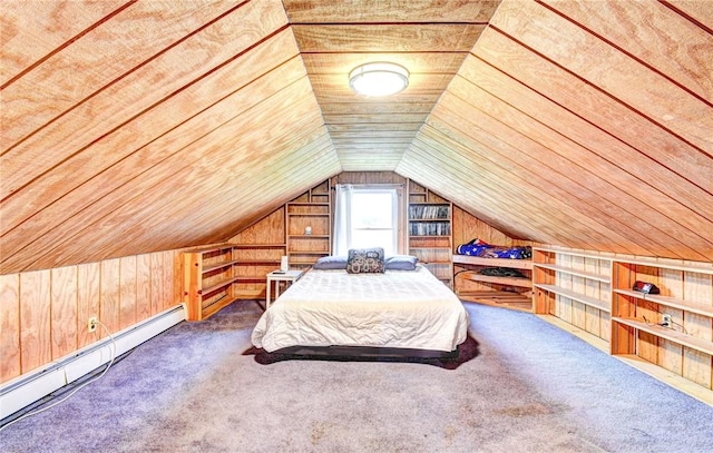 carpeted bedroom with lofted ceiling, wooden walls, and a baseboard heating unit