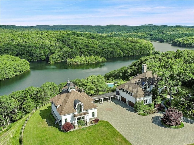 aerial view featuring a water view