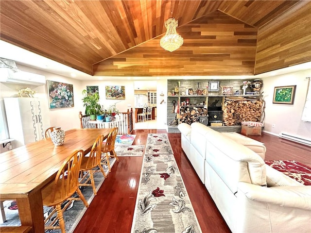 living room with a wall mounted air conditioner, lofted ceiling, wooden ceiling, dark hardwood / wood-style floors, and a baseboard radiator