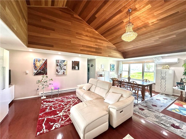 living room featuring high vaulted ceiling, a wall mounted AC, dark hardwood / wood-style flooring, wood ceiling, and a baseboard radiator