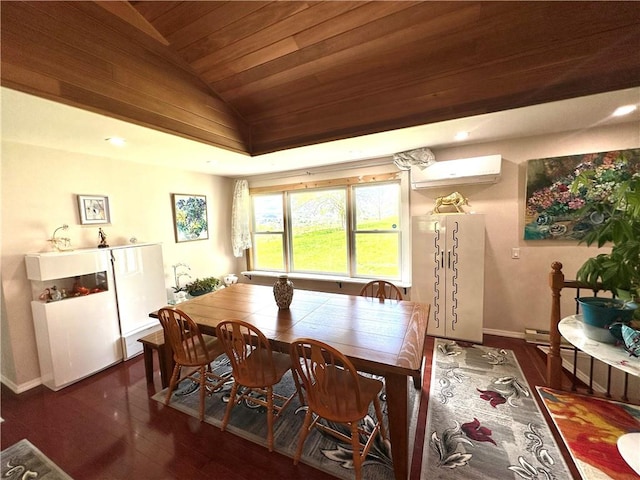 dining area featuring dark hardwood / wood-style flooring, wood ceiling, a wall unit AC, and vaulted ceiling