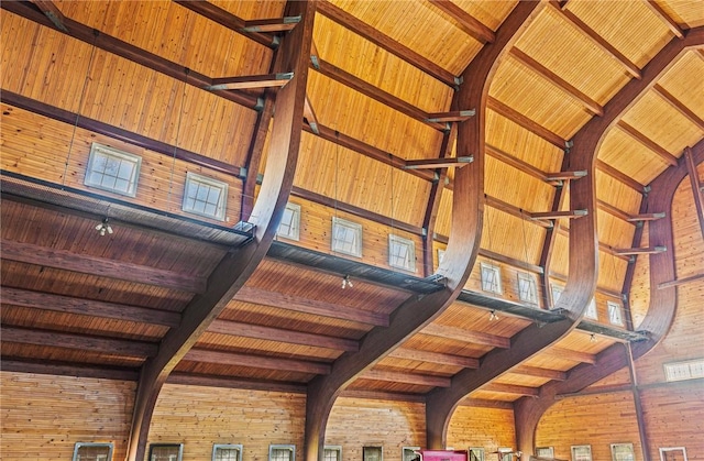 interior space with beam ceiling, wooden ceiling, and wooden walls