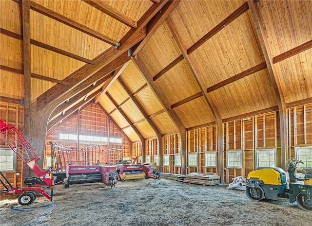 miscellaneous room featuring carpet, plenty of natural light, and high vaulted ceiling