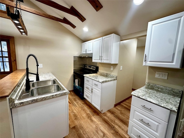 kitchen with sink, lofted ceiling with beams, black range with electric cooktop, and white cabinetry