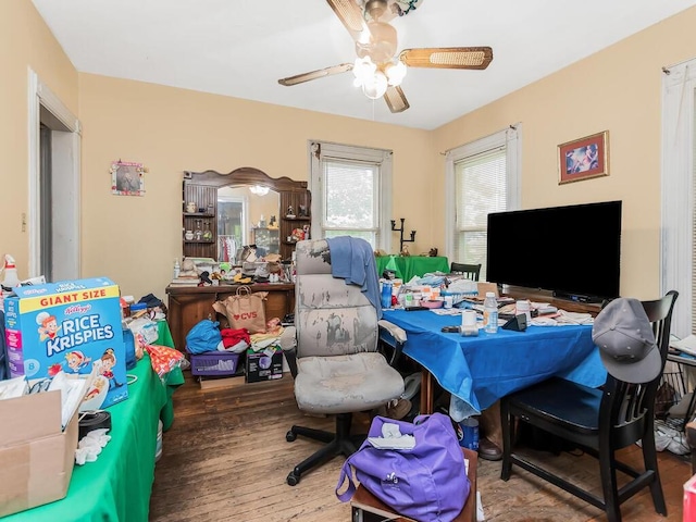 office area featuring ceiling fan and wood-type flooring