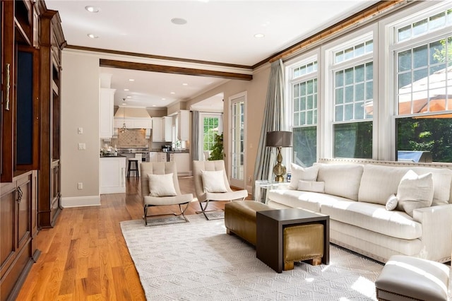 living room with ornamental molding and light wood-type flooring